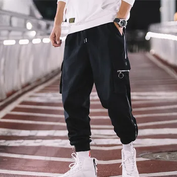 

Homens jogger calça casual zíper solto carga calça streetwear hip hop harem pant masculino elástico na cintura moletom mais tama