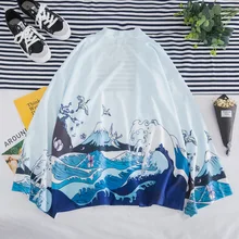 Мужской кардиган-кимоно большого размера, синяя Повседневная рубашка с принтом, мужская рубашка в стиле хип-хоп, уличный стиль, кимоно в японском стиле, харадзюката, Халат