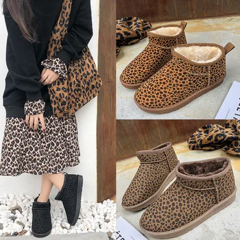 

2019 Winter New Snow boots Female Women Booties Leopard Pattern Plush Ankle Boot Non-slip Sole Warm Cotton Shoes Snowfall Brown