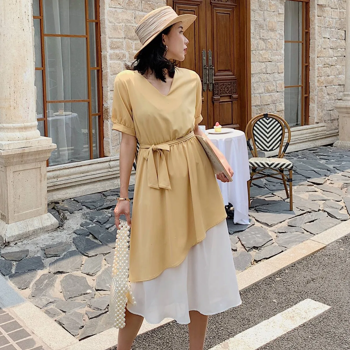 

Photo Shoot Egg Non-mainstream Sense of Design V-neck Chiffon Waist Hugging Lace-up Mock Two-Piece Irregular Mixed Colors Flounc