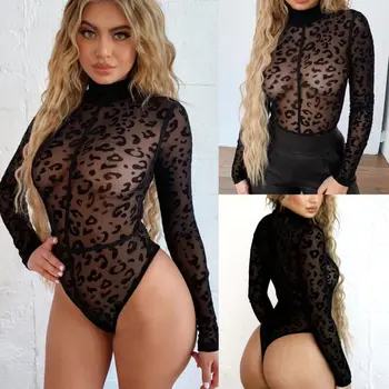 

Women Ladies Leopard Print Shirts Sheer Mesh Bodysuit Women Transparent Long Sleeve Sexy Round High Neck Top Jumpsuit Bodysuit