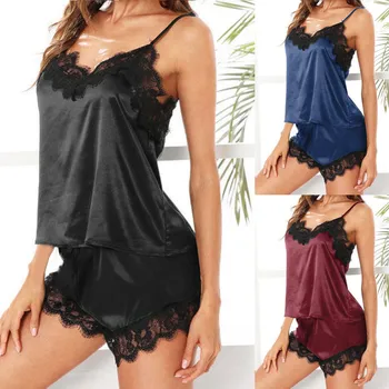 

Women's Sleepwear Sexy Satin Set Black Lace V-Neck Pyjamas Sleeveless Cute Cami Top and Shorts Pajamas For Women pijama пижама