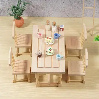 

5pcs/set Simulation Wooden Plain Table And Chair Miniatures Furniture Model Diy Dollhouse Scene Decor Accessories Not Painted