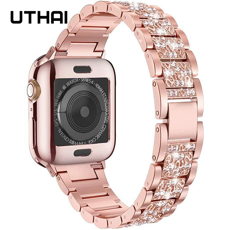 UTHAI P50 ремешок из нержавеющей стали для Apple Watch 44 мм 40 с бриллиантами iwatch6 5 SE 4