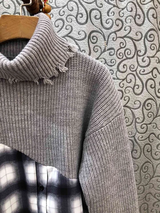 Early Autumn New Women's Neck, High-collar Knitted Spliced Chequered Long Sleeve Loose Dress 831
