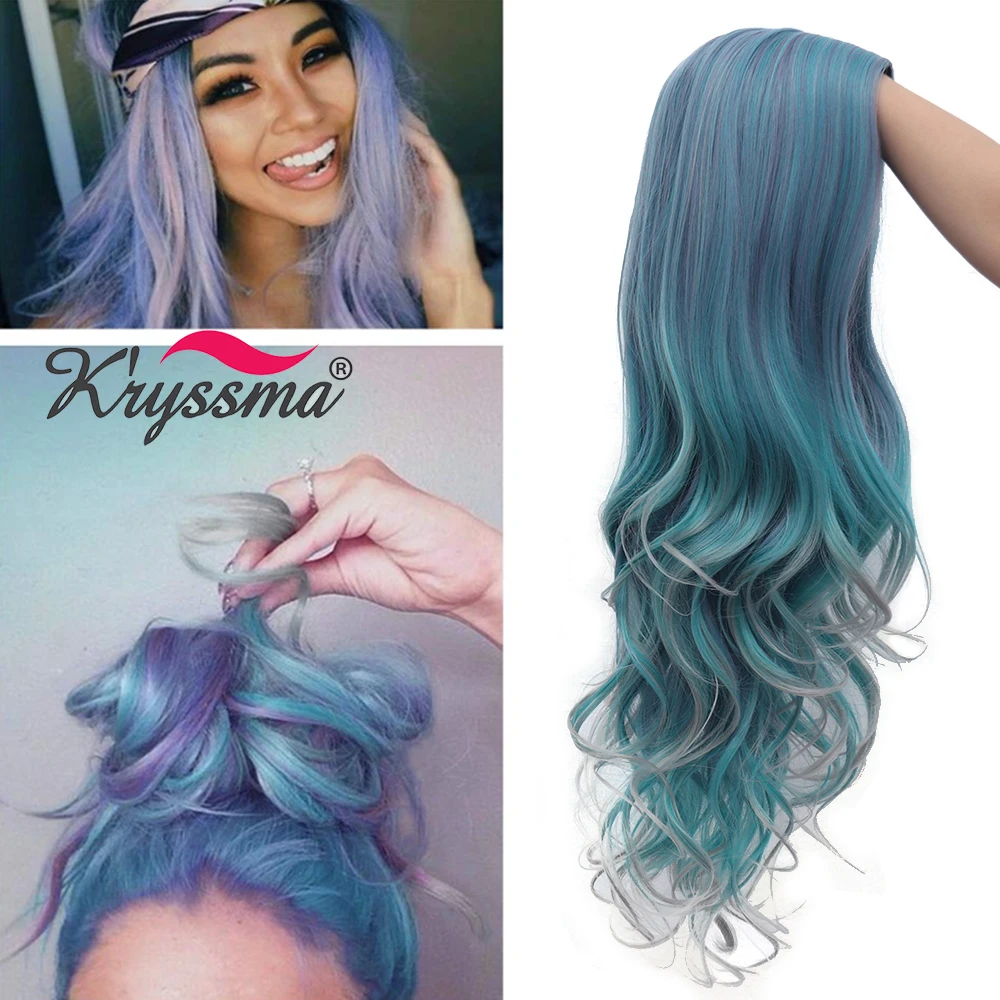 

Kryssma Yellow Blue Synthetic Wigs For Women Long Wavy Wig Mixed Grey Cosplay Wigs Heat Resistant Fiber Hair Christmas wig