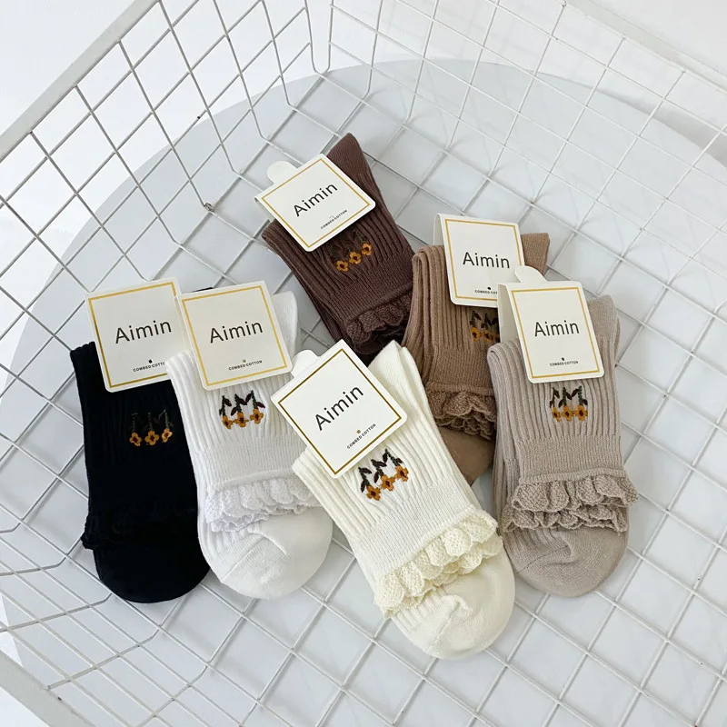 2022 New Cozy Breathable Women Cotton Socks Checkered Flower Pattern Retro Cute Preppy Style Fashion Casual Maiden | Женская одежда