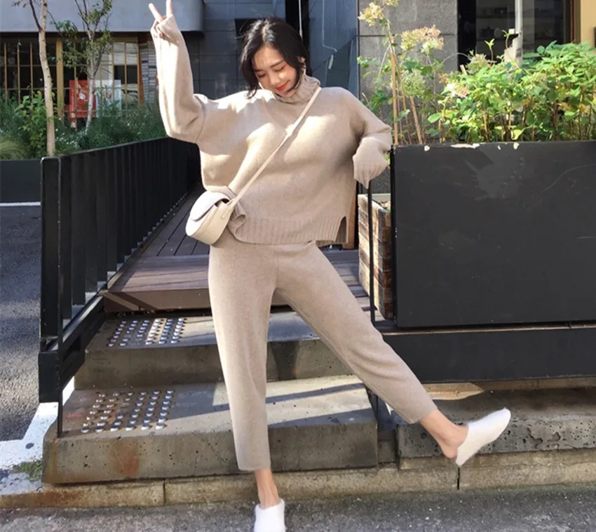 

2019 autumn winter Women Turtleneck Warm Knit Tracksuit Fashion Split Knitted Sweater 2 Piece Set Elastic Waist Pants Suits