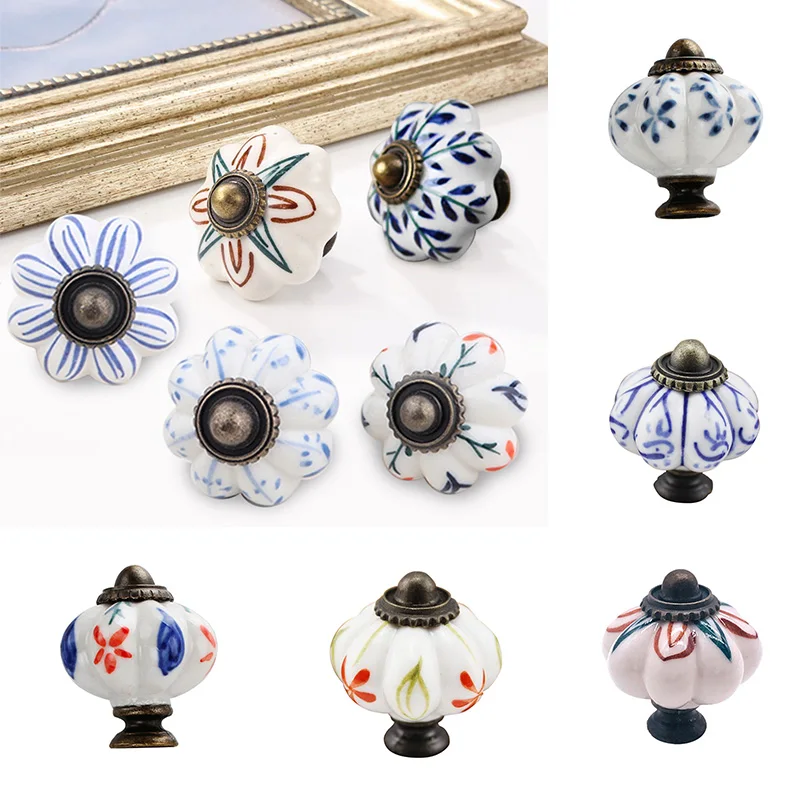 Ceramic Handle Floral Hand Painted Pumpkin Bathroom Cabinet Handle Wardrobe Door Drawer Pull Furniture Handles Handware