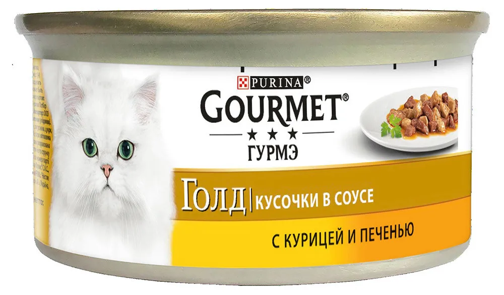 Корм влажный Gourmet Gold Кусочки в соусе для кошек с курицей, Банка, 85 г(24 шт