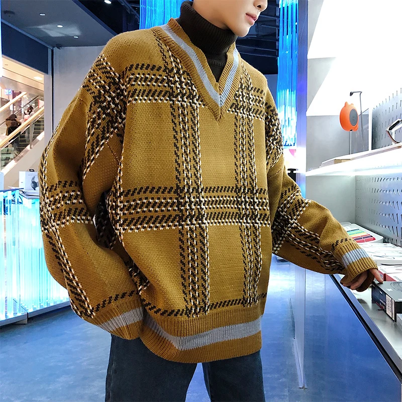 

Winter High Collar Sweater Men Warm Fashion Retro Casual Plaid Knit Sweater Man Sweter Loose Clothes Fake Two-piece Pullover Men