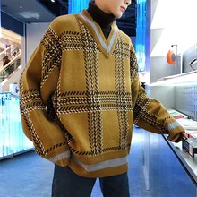 Winter High Collar Sweater Men Warm Fashion Retro Casual Plaid Knit Sweater Man Sweter Loose Clothes Fake Two-piece Pullover Men