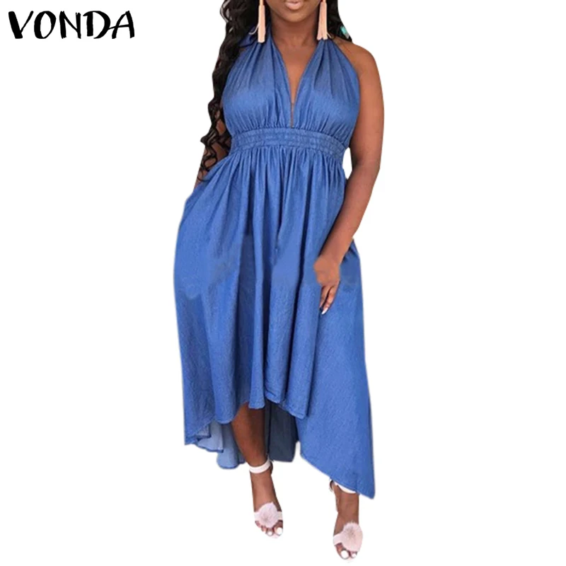 VONDA, женское платье, сексуальное, v-образный вырез, без рукавов, на тонких бретелях, макси, длинное платье, повседневное, свободное, с открытой спиной, сарафан, богемные, вечерние, Vestidos - Цвет: Blue