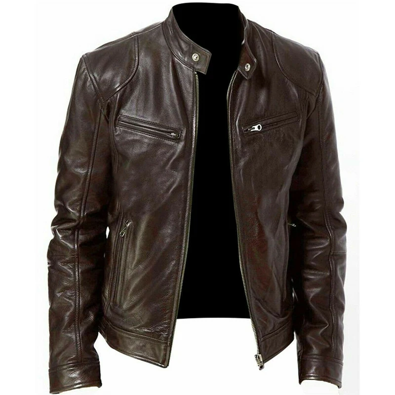 Новое поступление брендовая мотоциклетная кожаная куртка Мужские кожаные куртки jaqueta de couro masculina мужские кожаные пальто - Цвет: Коричневый