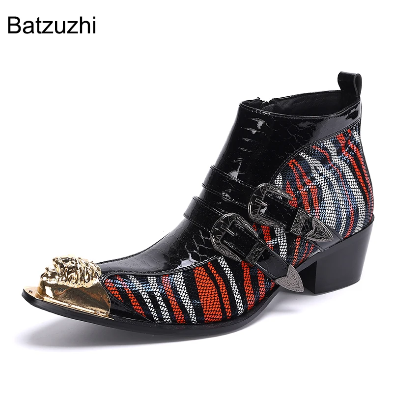 Batzuzhi 6.5cm Heels Height Men's Boots Western Handmade Genuine Leather Ankle Boots Men Golden Toe Buckles Motorcycle Botas