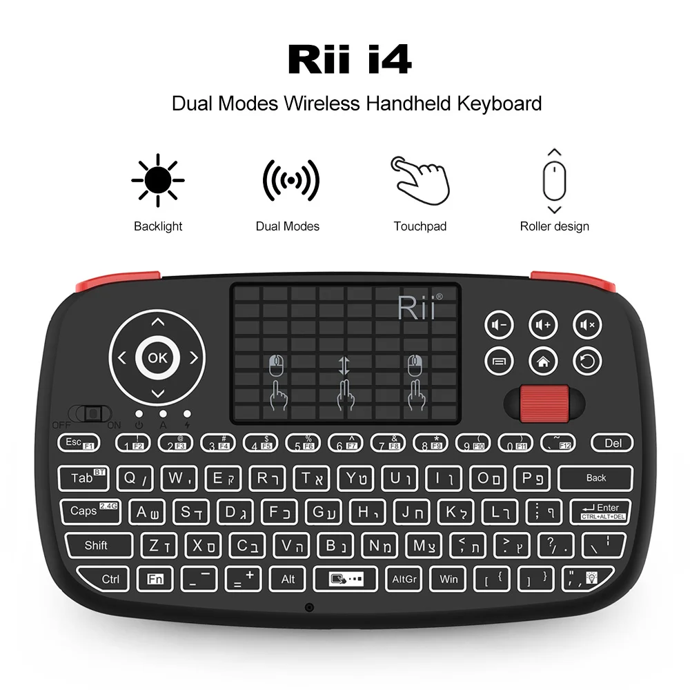 오리지널 Rii i4 블루투스 키보드, US, RU, HE, ES, FR, 휴대용 미니 무선 키보드, 백라이트 키패드 터치 패드, 안드로이드 윈도우