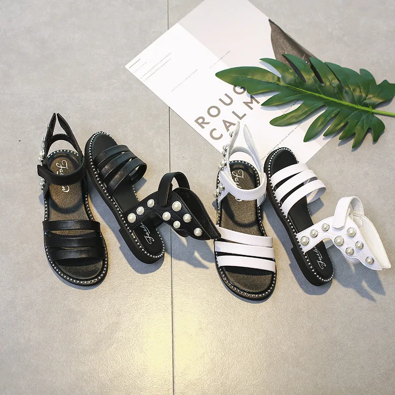 

Children Solid Color Sandals 2019 Korean-style GIRL'S Sandals Summer Velcro Trend Beaded Bracelet Princess Shoes