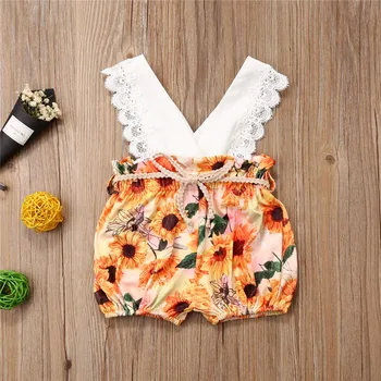 

0-18M Newborn Baby Girl Lace Romper Sunflower Print Jumpsuit Infant Sleeveless Summer Playsuit Baby Girls Clothes