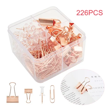 

226pcs Desktop Organizer Rose Gold Push Pins Home Paper Clips Set With Storage Box Office Supplies Stationery Assorted Binding
