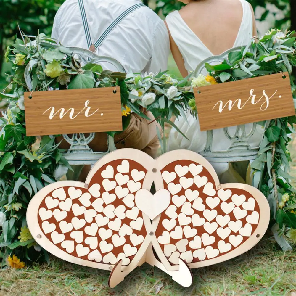 

Double Heart Wood Frame Wedding Guest Book Wedding Decoration Rustic Sweet Wedding Guestbook 100pcs Small Wood Hearts