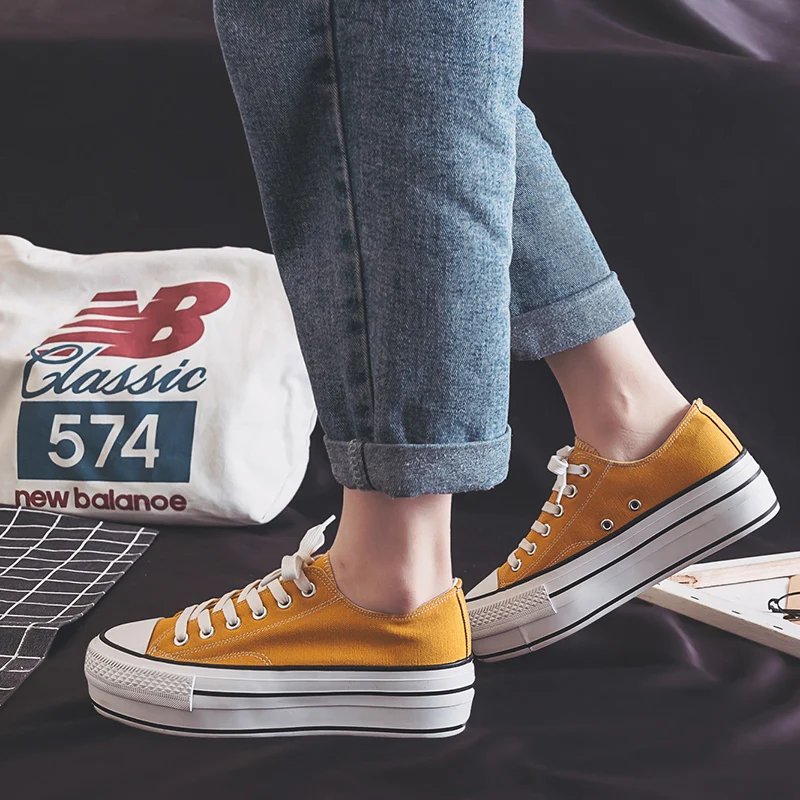 Zapatillas de lona con plataforma para mujer, zapatos blancos, zapatillas  de deporte gruesas de color amarillo y negro, nueva tendencia|Zapatos  vulcanizados de mujer| - AliExpress