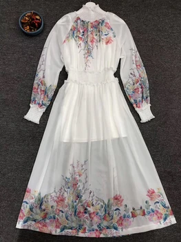

LINGHAN Elegant Print Stand Dress Women's Fashion Lantern Sleeve Elastic waist Vacation Dresses Designer Autumn New