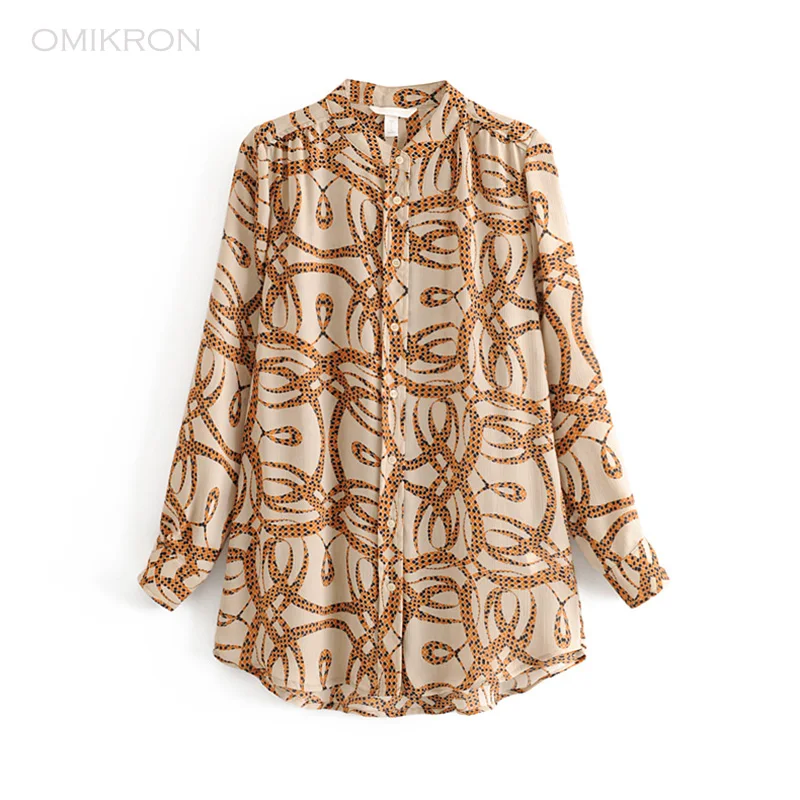 

OMIKRON Fashion Women Geometric Printed Vintage Long Sleeve Blouse Shirts Female Vogue High Street Loose Casual Tops Streetwear