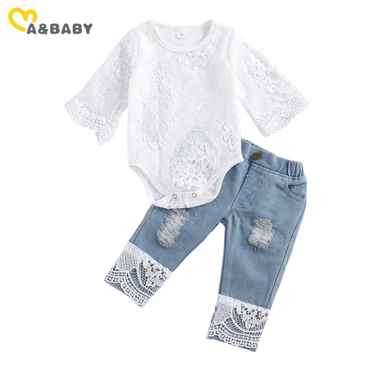 

Ma&Baby 0-24M Newborn Infant Baby Girls Clothes Set Lace White Romper Denim Pants Autumn Baby Girl Outfits Clothing