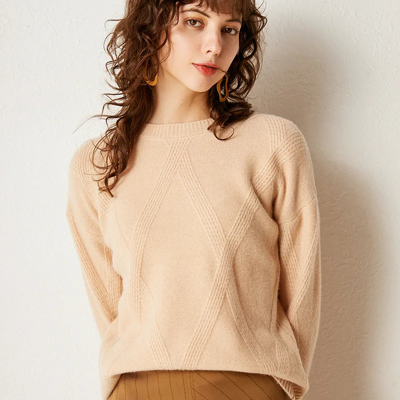 

2019 Autumn And Winter Crew Neck Solid Color Base Sweater Women's 100% Pure Woollen Sweater Thick Loose-Fit Slimming Sweater Top