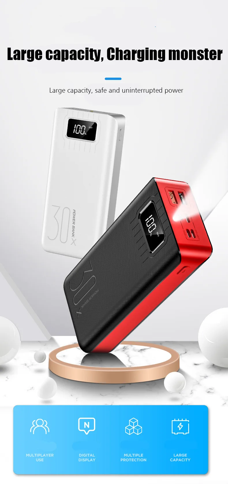 Внешний аккумулятор 30000 мАч, внешний аккумулятор TypeC Micro USB QC, быстрая зарядка, внешний аккумулятор, светодиодный дисплей, портативное зарядное устройство для телефона, планшета
