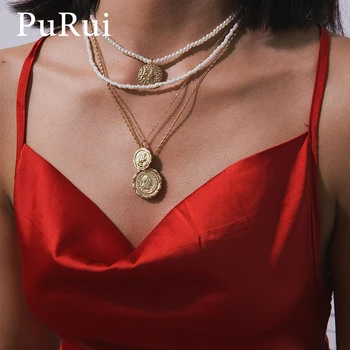 

PuRui Layered Necklace Imitation Pearl Choker Necklace for Women Coin Pendant Necklace Gold Color Beads Chain Bohemian Jewelry