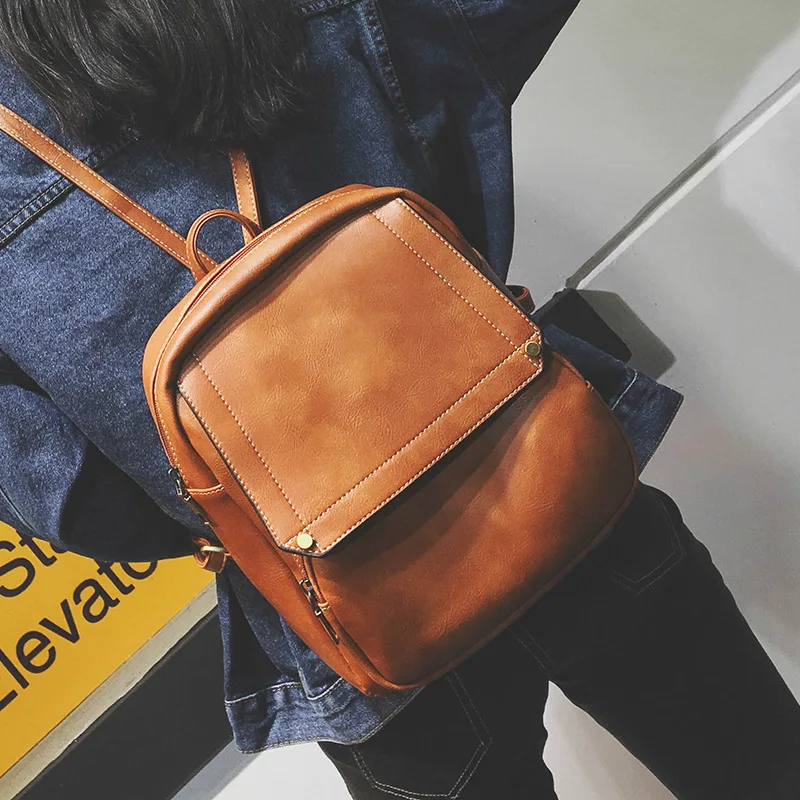

Woman Package Concise Both Shoulders Package Woman School Wind Bag Solid Color Pu Backpack