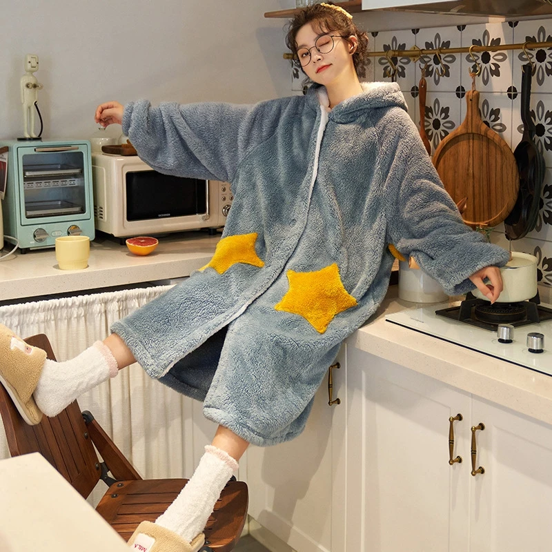 Kawaii Pajamas for Teen Girls Flannel Bathrobe Warm Winter Cartoon Sleepwear Plus Size Pyjamas Robes Women Nightwear | Женская одежда