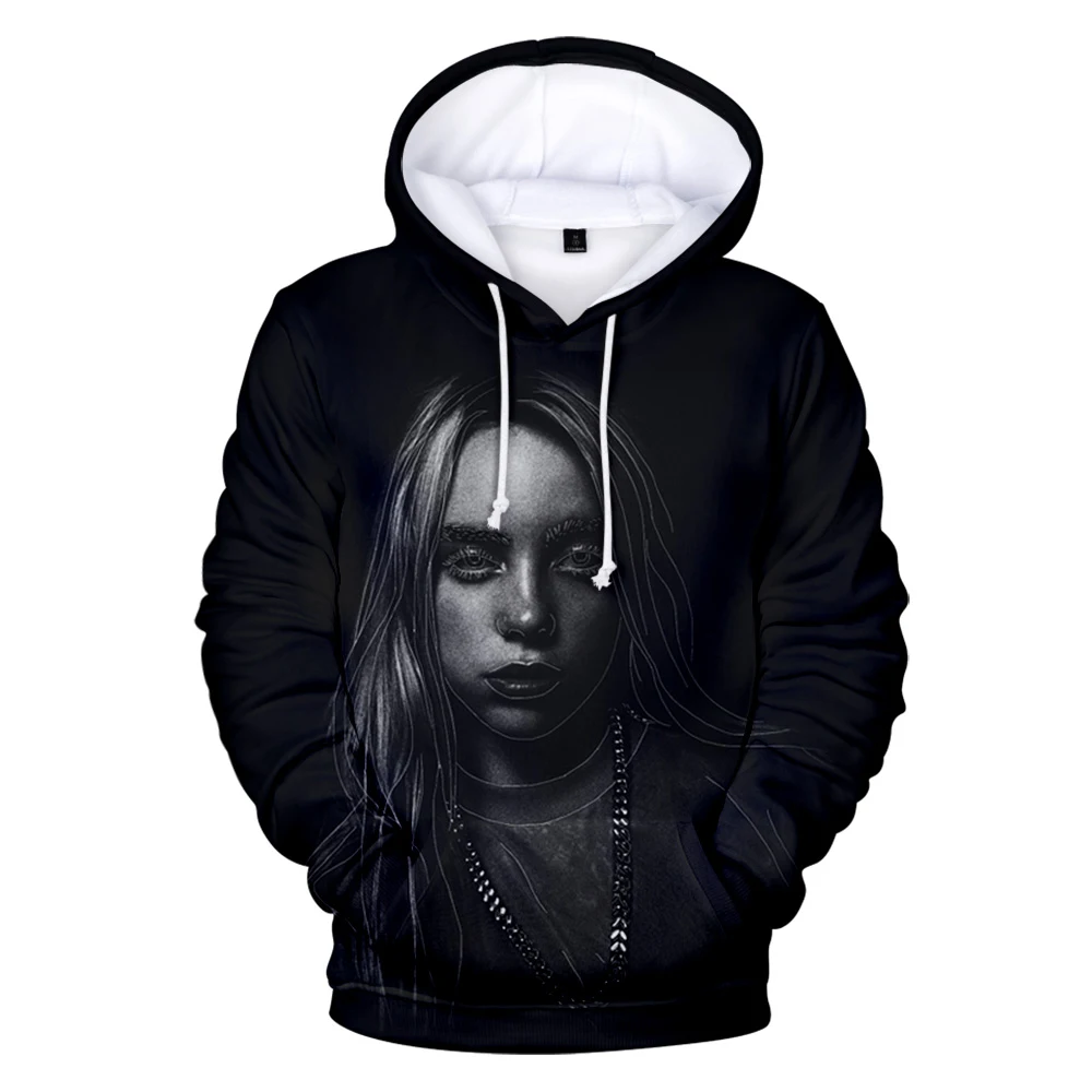 Новые черные толстовки с капюшоном с 3D Billie Eilish, женские и мужские толстовки с капюшоном, модные пуловеры с 3D Billie Eilish, Осенние Пуловеры в стиле хип-хоп для девочек