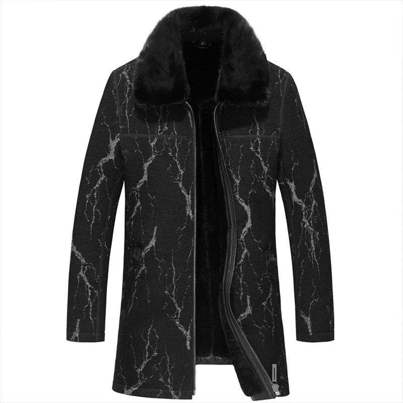 winter jackets men thicken woolen coat long outwear male warm overcoats fur woolen mens clothing - Цвет: Черный