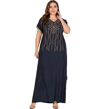 

Plus Size Kaftan Muslim Women Short Sleeve Dress Abaya Embroidery Bead Robe Caftan Turkish Islamic Clothing Arab Robe Loose Gown