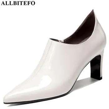 

ALLBITEFO real genuine leather women heels Pure color high quality high heel shoes spring autumn pointed toe office ladies shoes