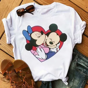 

New 2020 Women's T-Shirts Fashion Minnie Print Shirts Harajuku Kawaii Mouse Kiss Print T Shirt Lovely Funny Aesthetic Tshirts