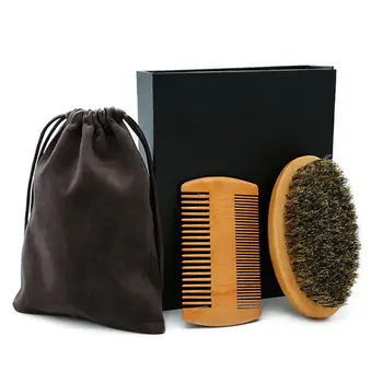 

Men Beard Care Set Beard Wood Comb Oval Shaving Bristle Brush Template Comb Storage Bag Portable Home Travel Toolkit