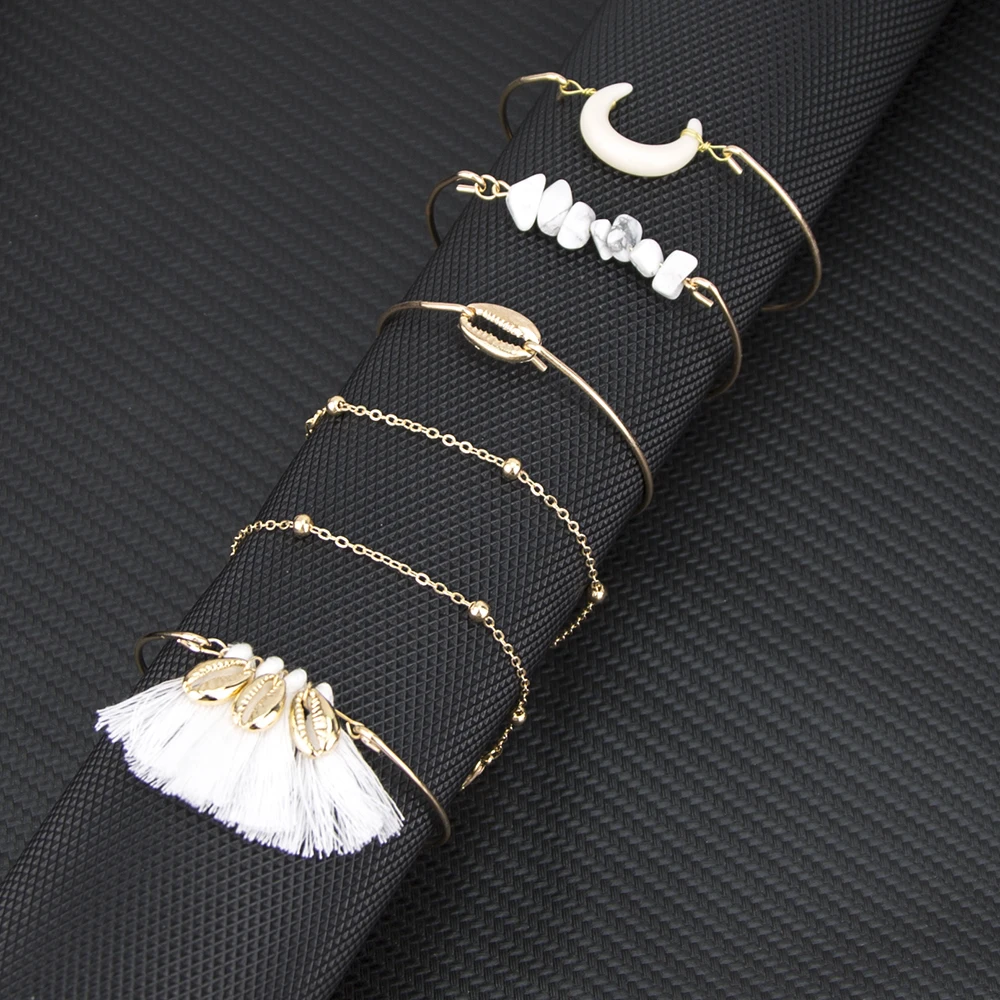 

6pcs Bohemian Bracelets Personality Gem Moon Shell Tassel Irregular Natural Stone Bangles Women Beach Jewelry Dropshipping
