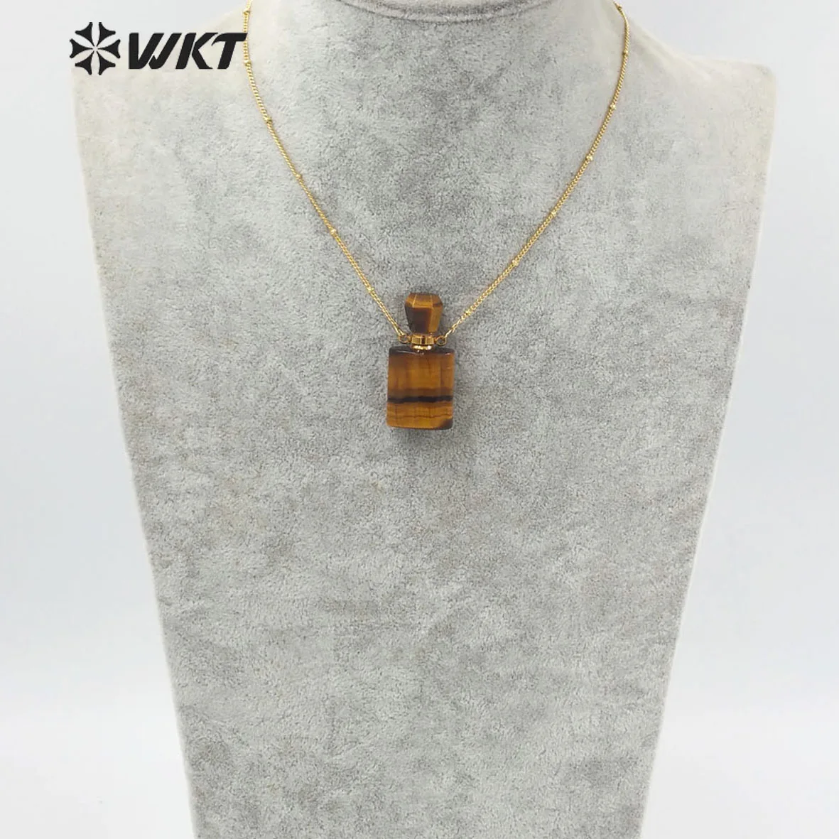 WT-N1285 18 inch long beads chain long square natural stone high polish  women gold perfume bottle pendant necklace in many color