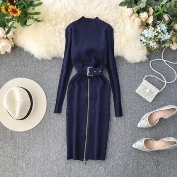 

Winter Women Dress Knitted Turtleneck Long Sleeve Waistband Slim Stretch Dress Ladies Tunic Zipper Female Middle Knitted Dress
