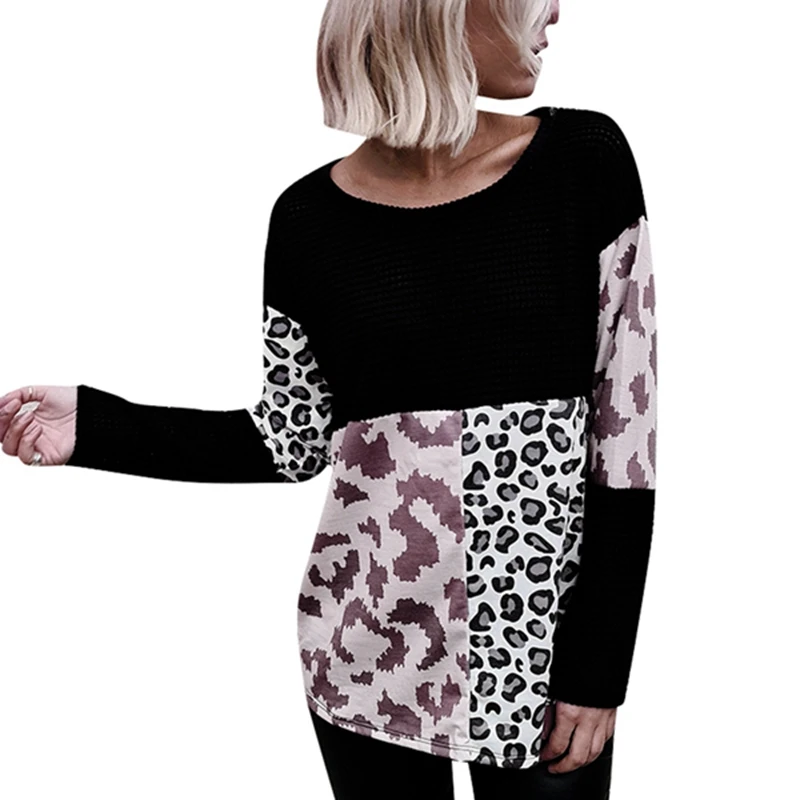 Women's Fashion Round Neck Leopard Print Stitching Printed Long Sleeve Sweater Top |