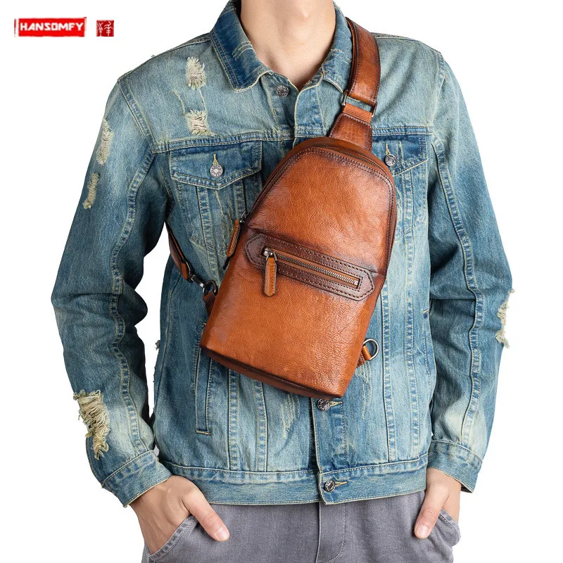 

2022 Genuine leather Men Chest Bag Vintage Male Shoulder Messenger bag casual soft top layer leather Short Trip chest bag Pack
