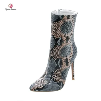 

Original Intention Stylish Women Ankle Boots Snake Printing Pointed Toe Thin Heels Boots Fashion 3 Colors Shoes Woman Plus Size