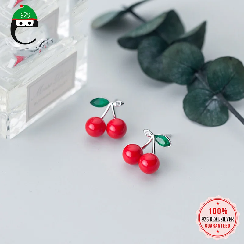 ElfoPlataSi, 925 пробы, Настоящее серебро, вишня, Красный синтетический жемчуг, с фианитами, серьги-гвоздики для женщин, подростков, девушек, друзей, XY972