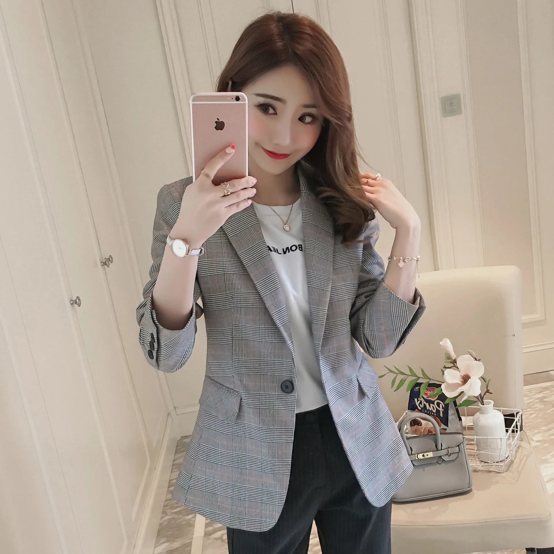 

Retro Plaid Suit Women's Short Coat 2019 Autumn Clothing New Style Korean-style Spring And Autumn Casual Pattern Suit Blouses
