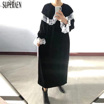 

SuperAen Lace Velvet Fashion Women Dress 2020 New Spring and Autumn Ladies Dress Long Sleeve Solid Color Women Clothing