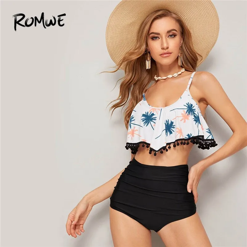 

Romwe Sporty Tropical Pompom Hem Bikini Top With High Waist Bikini Swimwear Women Boho Spaghetti Strap Wireless Bathing Suit