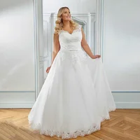 Romantic A Line Wedding Dress Cap Sleeve V Neck Sleeveless Appliques Vestido De Noiva Long Bridal Gown Plus Size Customized 1